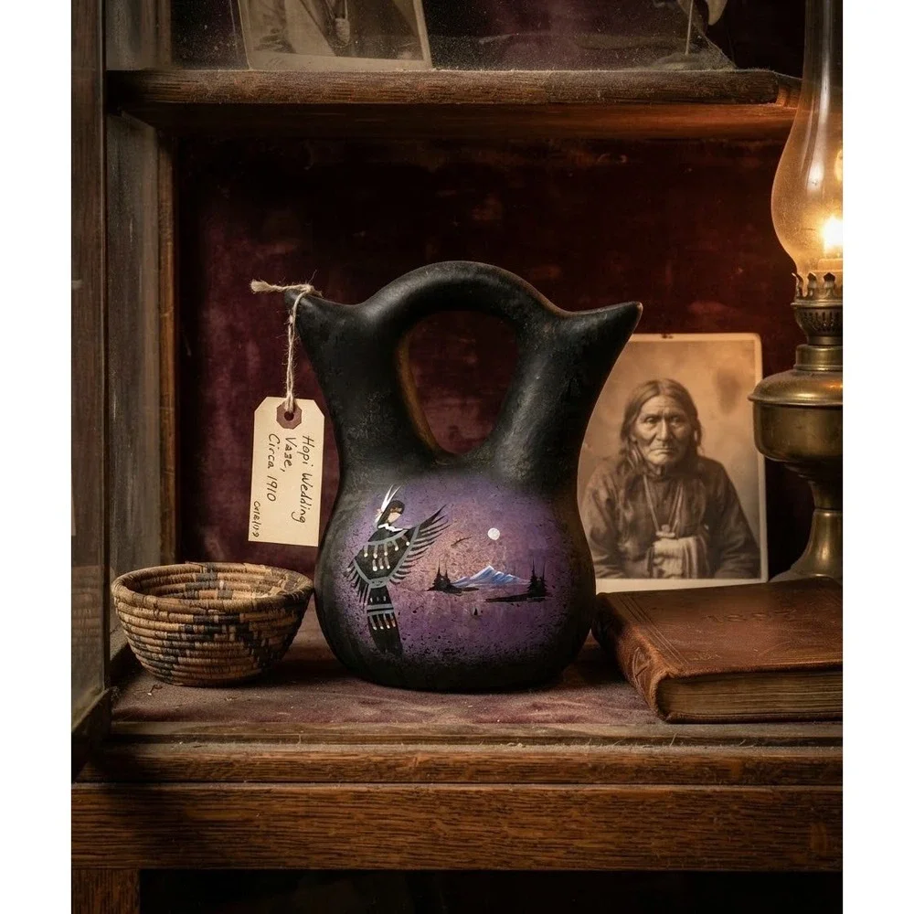 Navajo Black ware Wedding Vase Hand Painted Purple Night Scene Signed 5.5